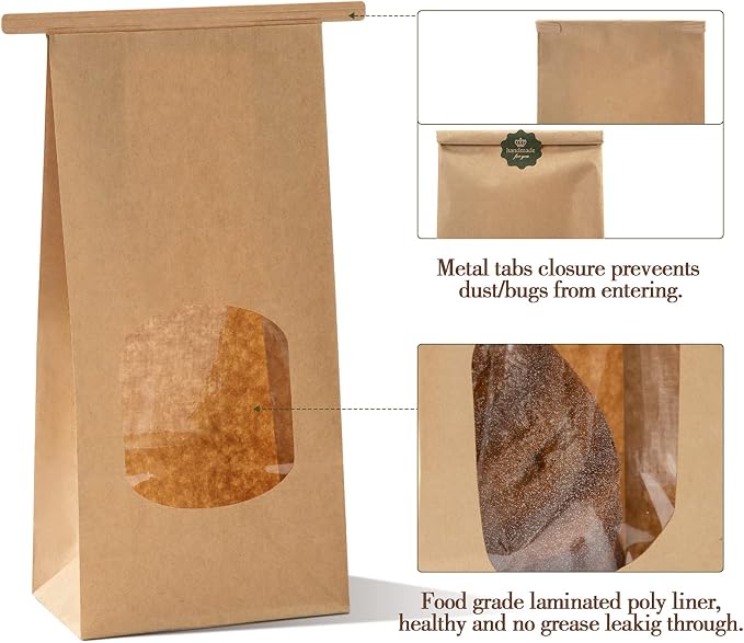 Tenare 50 Pieces Brown Bakery Bags with Window Kraft Paper Bags Christmas Tin Tie Tab Lock and 60 Pieces Adorable Handmade Label Seal Stickers Window for Xmas Coffee Cookie Treat, 4.5 x 2.56 x 9.6" - Image 4