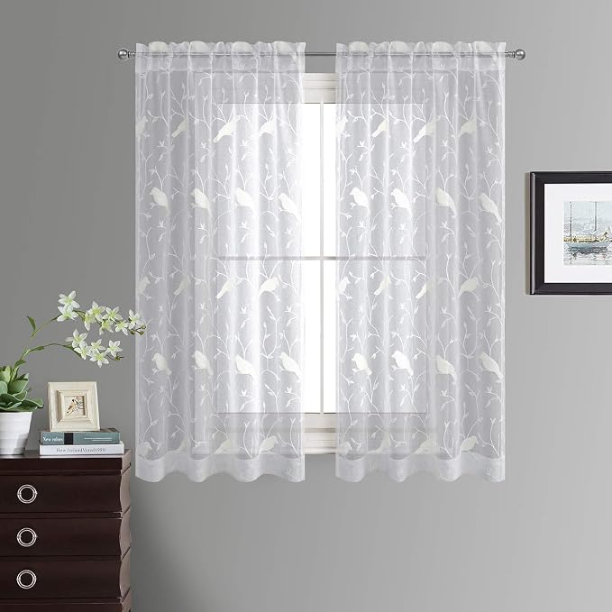 White Sheer Curtains 63 inches Length Birds Embroidered Window Treatment Curtain Sheer Voile Panels for Kitchen, Liviging Room, Bedroom, Small Windows, 42x63, Set of 2 by VOGOL