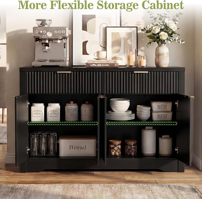 Cyclysio 55" Fluted Buffet Cabinet with Drawers, Modern Sideboard Credenza with Adjustable Shelves, Coffee Bar Table with Storage for Dining Room, Entryway, Kitchen, Black - Image 6