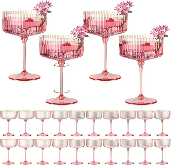 24 PCS Ribbed Coupe Glasses Pink Plastic Champagne Coupe Cup 10oz Detachable Gold Rim Espresso Martini Glass Vintage Margarita Glassware Cocktail Glass for Wedding Bachelorette Party by Unknown