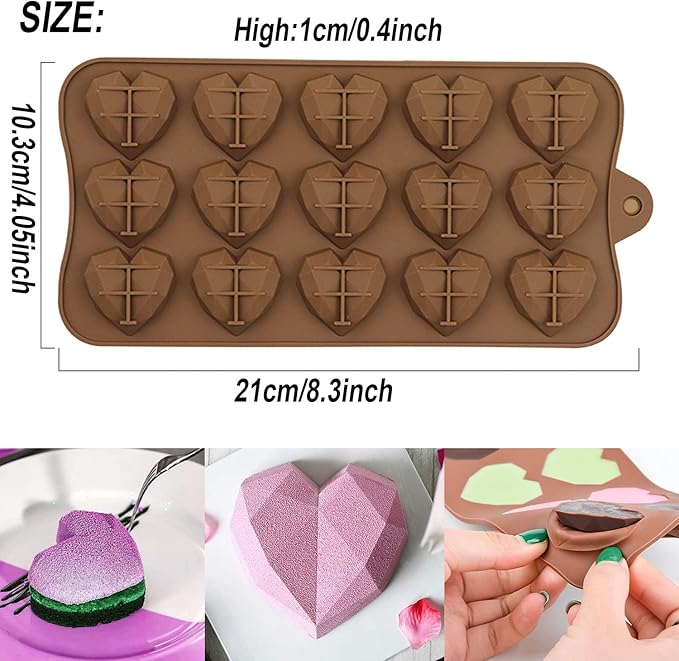 2 Pack Diamond Heart Shaped Chocolate Mold - 15 Holes 3D Heart Mousse Cake Mold - Silicone Mini Baking Pan for Dessert Mousses & Jelly - Wedding & Party