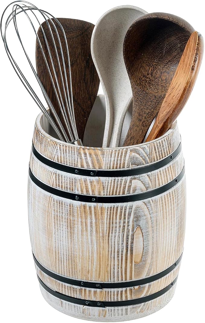 MyGift Whitewashed Wood Wine Barrel Kitchen Utensil Holder Crock | Vintage wine barrel design adds rustic charm while keeping cooking utensils organized and accessible on kitchen counters by MyGiftHome