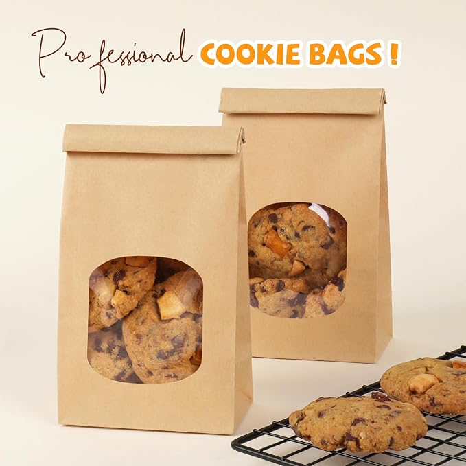 100 Pack Bakery Bags with Window, 3.9x2.3x8 Inches Tin Tie Tab Paper Cookie Bags Brown Small Gift Bag for Packaging Popcorn, Trail Mix, Treats, Snacks, Baked Goods, Party Favors | Grease Resistant - Image 5
