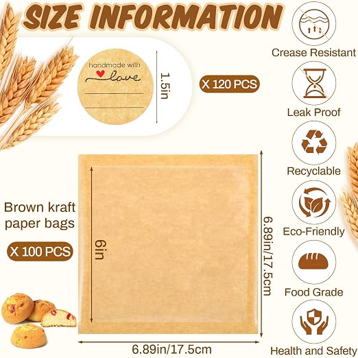 Outus 100 Pcs Cookie Packaging Bags with Seal, 6 x 6 Inch Bakery Pastry Bags with Window, Heat Sealable Grease Resistant Paper to Go Bake Sleeves for Gift Giving Donut Bread Sandwich (Brown) - Image 2