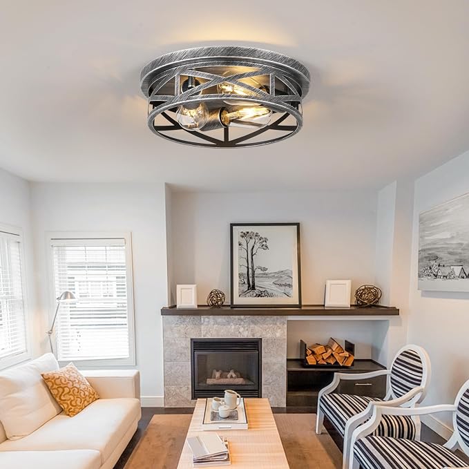 3-Light Cage Ceiling Light Fixtures, Farmhouse Close to Ceiling Lights, 13 Inch Black and Silver Metal Flush Mount Ceiling Lights for Bedroom, Living Room, Porch Kitchen Entrance - Image 3