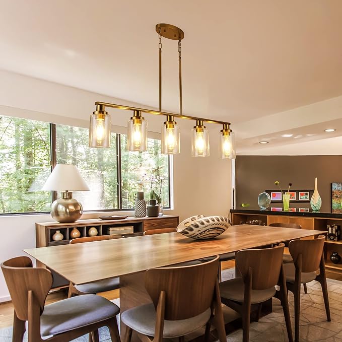 Kitchen Island Lighting, 5-Light Modern Dining Room Light Fixtures Over Table,Farmhouse Gold Linear Chandeliers for Dining Room, Industrial Pendant Lights Fixture with Clear Glass Shade - Image 2