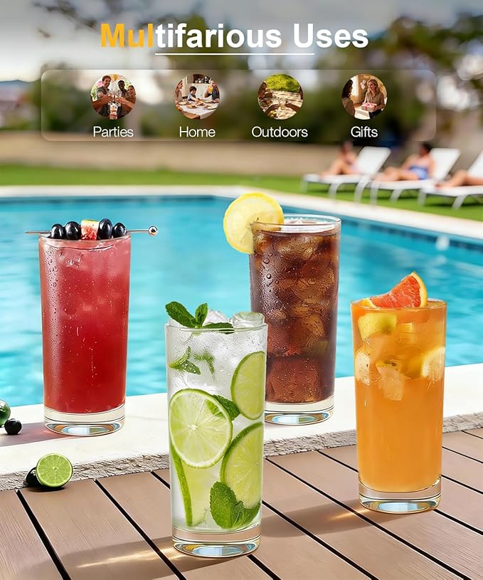 Drinking Water Glass Cups Set,Crystal Highball Glasses cups set of 6,16oz | Wide Mouth Design Clear Tall Glassware for Cocktail Parties, Family Dinners - Image 6