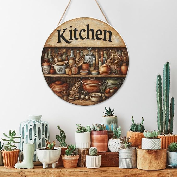Rustic Kitchen Pantry Wooden Plaque, 12inch Round Wall Decor With Tiered Shelves, Copper, Jars & Utensils, Kitchen Door Hanging Art, Home Decoration Artworks Create An Atmosphere - Image 6