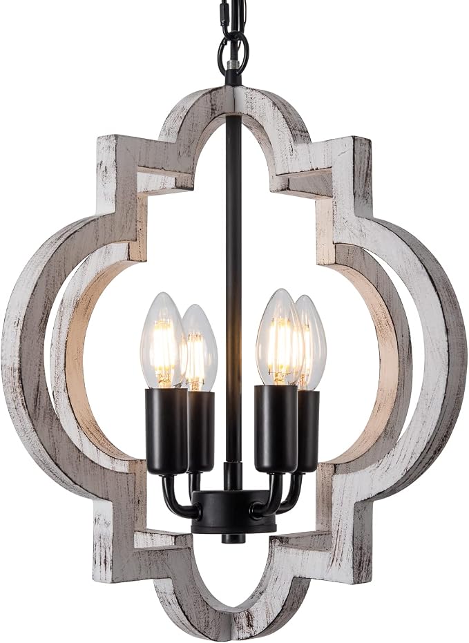 4-Light 15" Farmhouse Orb Chandelier Rustic Handmade Distressed White Wood Hanging Ceiling Pendant Light Fixture Wood Lantern Chandeliers for Dining Room Kitchen Bedroom Foyer Hallway - Image 9