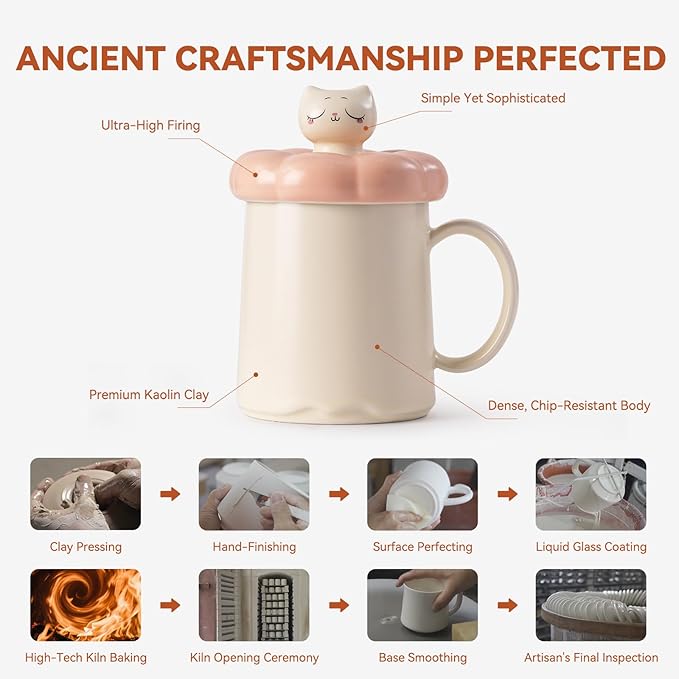Tea Cup with Infuser and Lid 14oz - Ceramic Mug with Spinning Cat Lid, Floral Design Tea Gift for Women, Anniversary Birthday Gift Compatible with Warmer