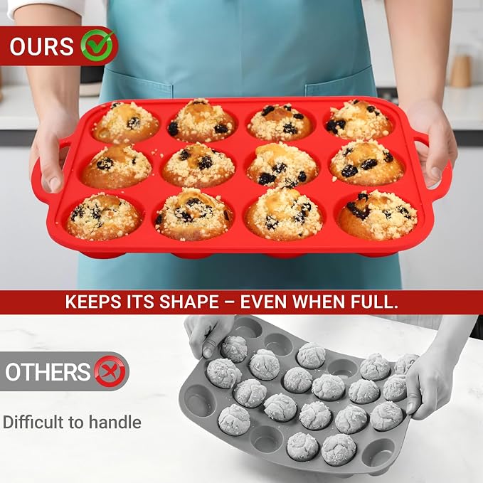 Redfly Silicone Muffin Pans for Baking 12 Cup with Metal Reinforced Frame, Nonstick 2Pack Regular Size Cupcake Pan, BPA Free Food Grade, Easy Release, Dishwasher Oven Freezer Safe for Egg Bite Molds - Image 4