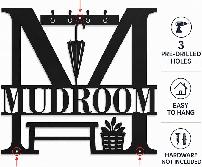 Mudroom Metal Wall Decor, Farmhouse Entryway Sign, 14 Inch | 14-inch matte black metal mudroom sign with pre-drilled holes for farmhouse entryway, hallway, or utility room decor. - Image 7