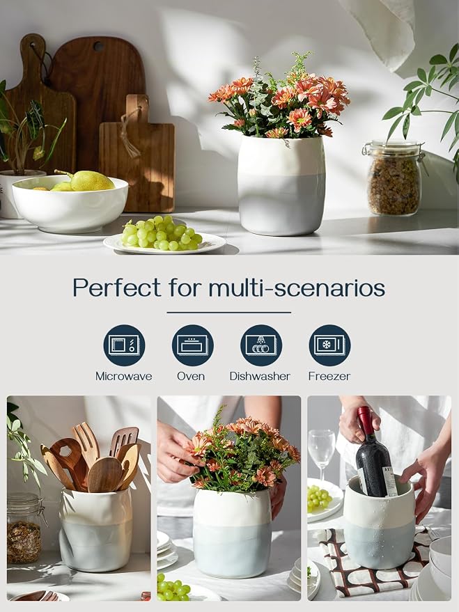 DOWAN Utensil Holder, 6.5″ Large Utensil Holder for Kitchen Counter, Ceramic Utensil Crock with Table-Protection Cork Mat, Utensil Organizer Caddy for Tongs, Spoons - Image 4