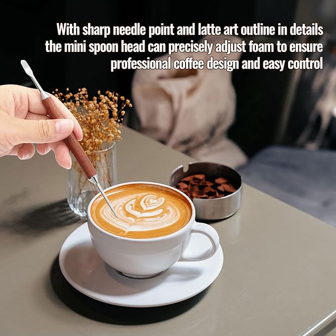 Rosewood Handle Latte Art Pen - Professional Stainless Steel Coffee Drawing Tool for Baristas & Home Coffee Lovers, Cappuccino Espresso Foam Design Carving Needle