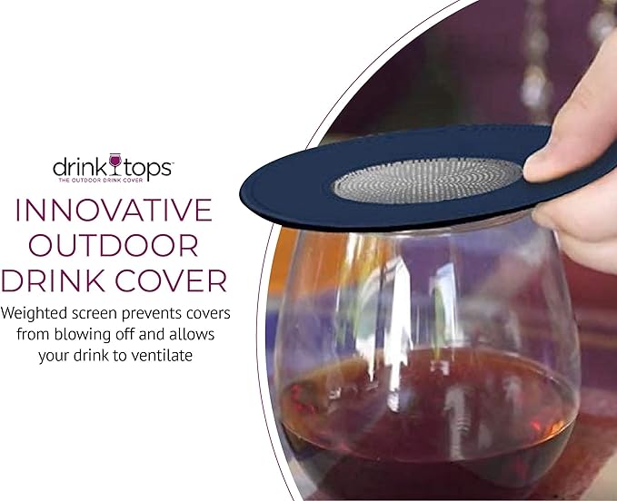 Drink Tops Ventilated Silicone Wine Glass Covers - Weighted Cover with Screen Allows Wine to Breathe - Outdoor Wine Glass Covers to Keep Particles Out - BPA Free - 4pk