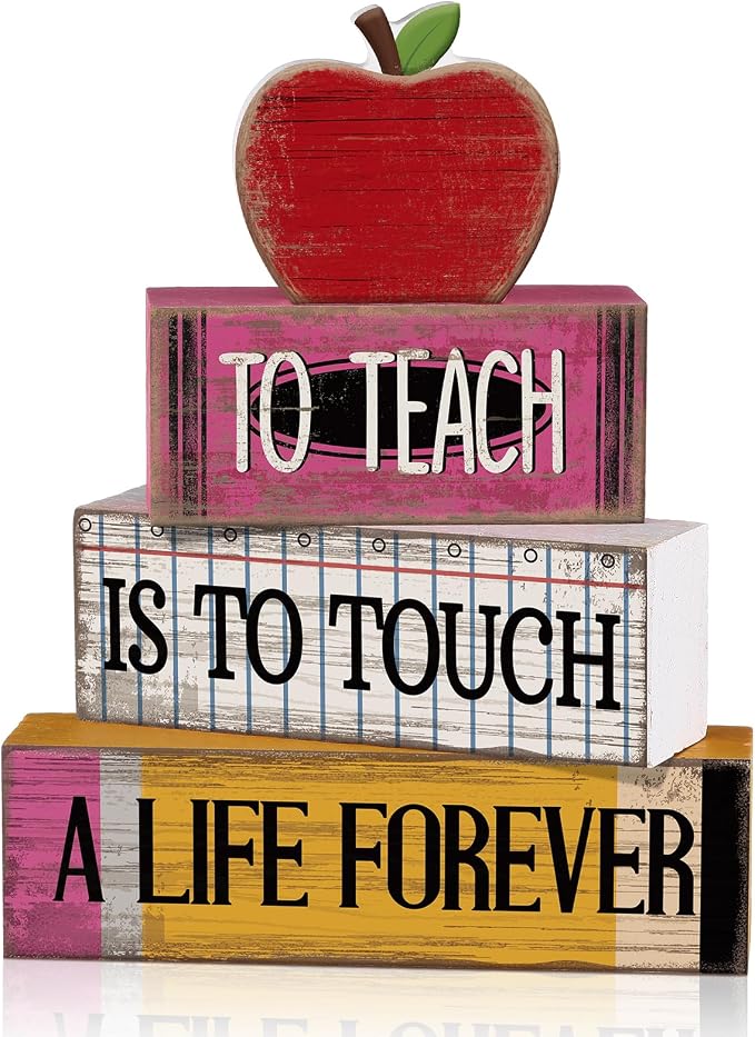 Moucuny 4 Pcs Back to School Table Decorations Retro Red Wooden Apple Decor Back to School Tiered Tray Decor Stacked Blocks Teacher Appreciation Gift Rustic Classroom Pencil Decoration for Office Desk by Moucuny