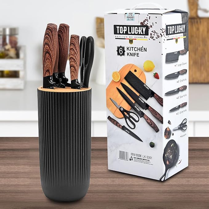 Kitchen Knife Set, Retrosohoo 6-Pieces Khaki Sharp Knife Block Set for Kitchen, Non-stick Non-slip Stainless Steel Chef Knife Set with Universal Knife Block Suitable for Home Restaurant (Black) - Image 6