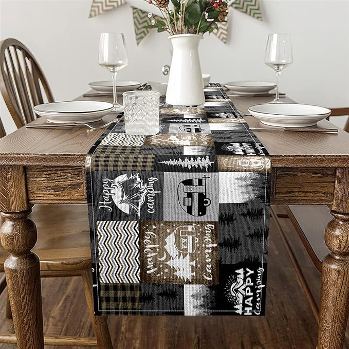 Feelyou Happy Camping Table Runner 108x13 Inch Kids Camper Decorations Indoor Outdoor Party Supply Wood Grain Home Kitchen Dining Decor Botanical Tree Black Brown Home Decor - Image 3