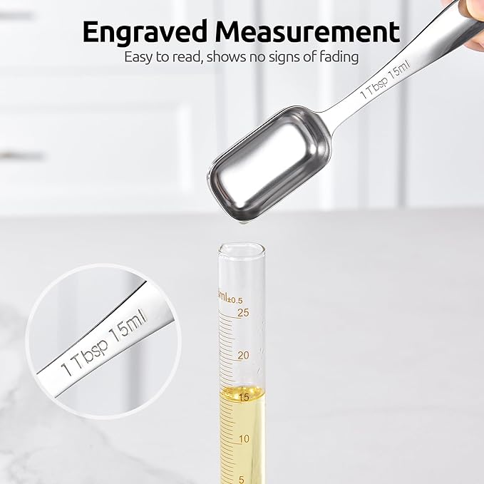 U-Taste Narrow Square Measuring Spoons: 18/8 Stainless Steel Kitchen Measure Teaspoon Tablespoon with Leveler, Polygon Rectangular Metal Jar Scoop for Baking Cooking, Coffee, Spice, Powder (Set of 8)