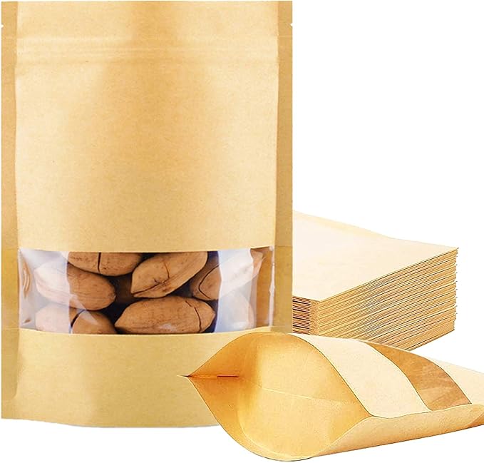100 Pcs Resealable Stand Up kraft Paper Bags with Window for Packaging Products, Reusable Zip Lock Food Storage Pouch Bags (5.5" x 8.6") by DIMVKA