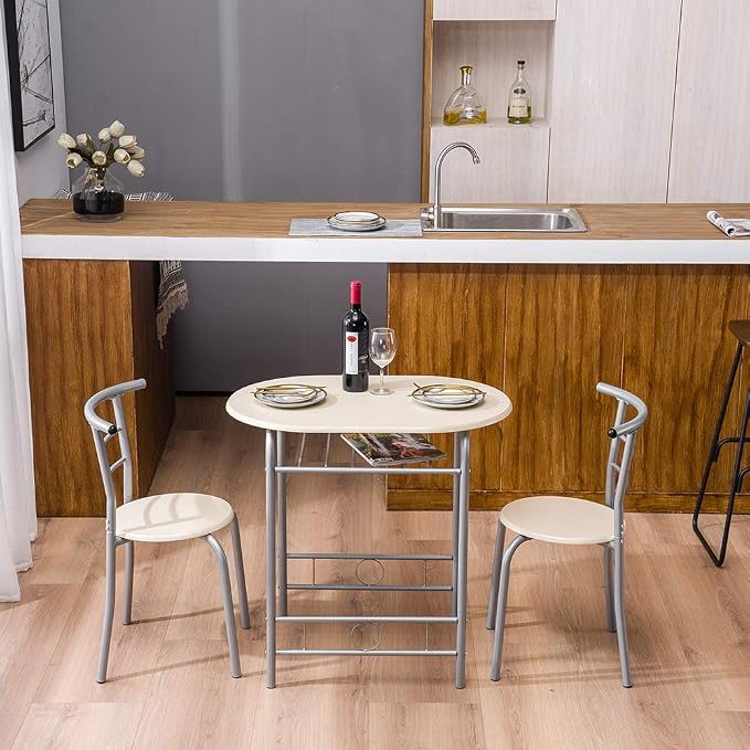 VINGLI 3 Piece Dining Set, Small Kitchen Table Set for 2, Breakfast Table Set, Kitchen Wooden Table with 2 Chairs for Small Space/Dining Room/Apartment, Metal Frame, Wine Rack, Beige - Image 3