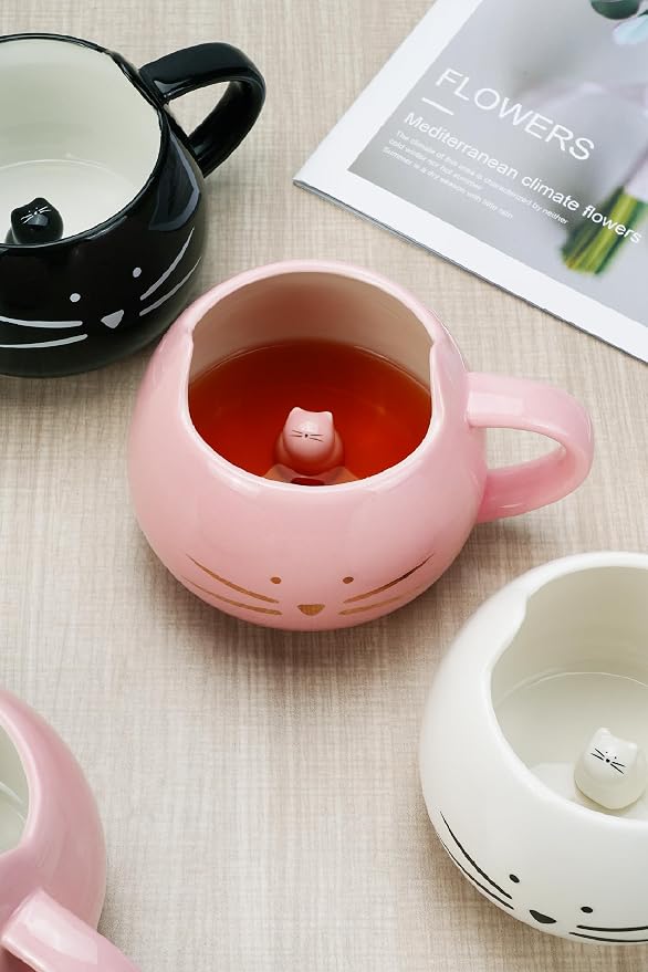 Koolkatkoo Cat Mug Cute Ceramic Coffee Mugs Hidden 3D Animal Inside Cup Novelty Tea Cup for Women Girl Gifts for Cat Lovers Holiday Mothers Day Christmas Birthday Gifts 12 oz Pink - Image 7