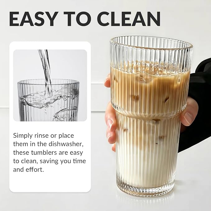 Puraville 4 Pack Glass Cups with Lids and Straws, 20oz, Ribbed Pattern | Reusable Thick Iced Coffee Tumblers for Juice Cold Drinks, Leak Proof Glassware for Summer - Image 6