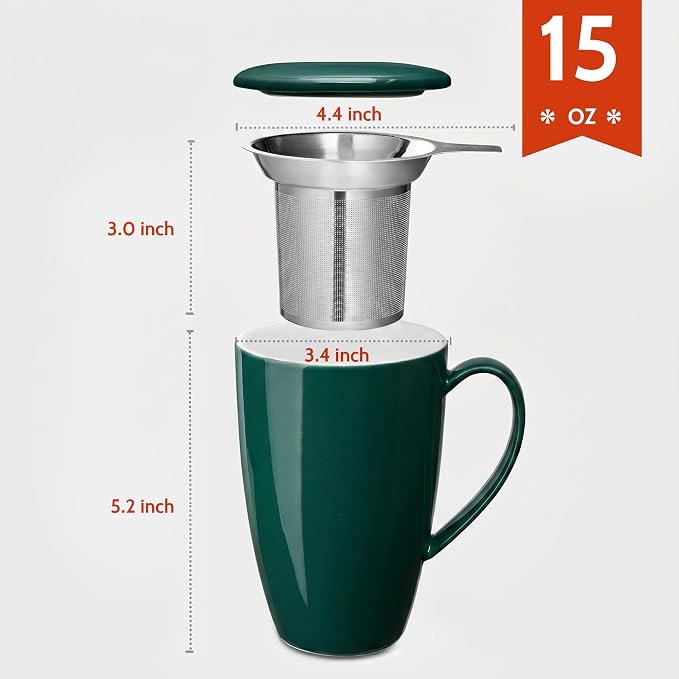 Sweese 15 OZ Porcelain Tea Mug with Infuser and Lid, Loose Leaf Tea Cup, Gifts for Tea Lover, Dark Green - Image 2
