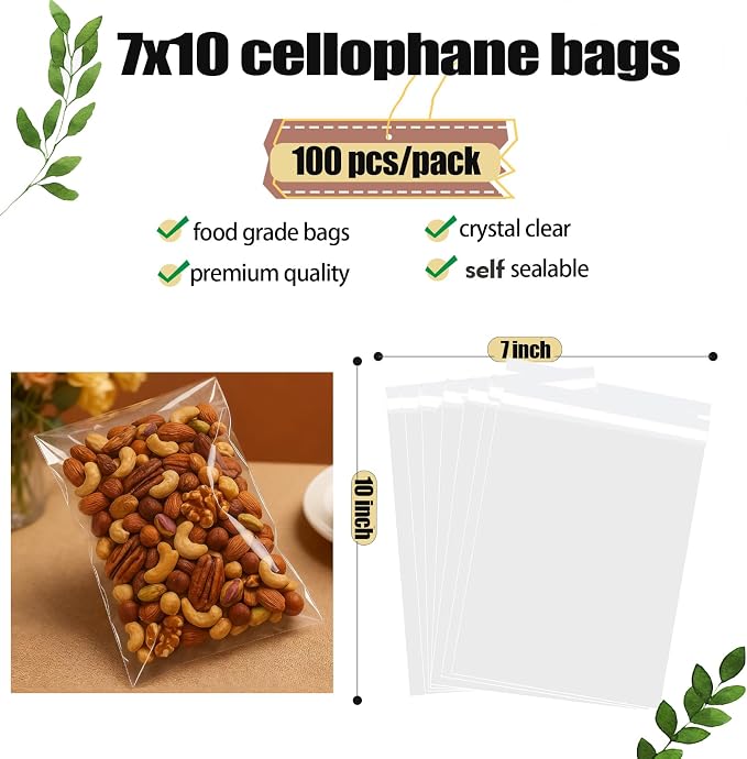 Nobranded 100pcs Self Seal Cello Cellophane Bags Resealable Poly Bags 2.8 mils clear(Self seal) 7x10 Inch (Pack of 100) - Image 2