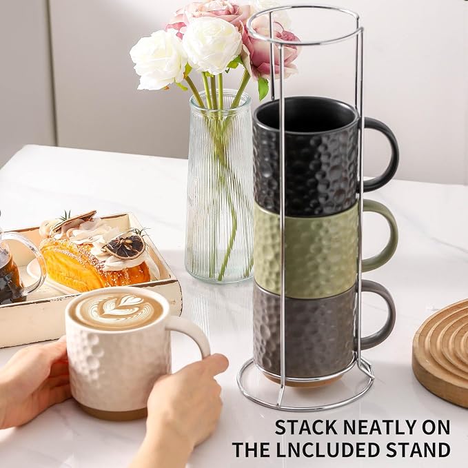 Nihow 16 Oz Ceramic Coffee Mug Set of 4 with Stackable Stand,4 color | Stackable, Stainless Stand Included, Cappuccino & Tea, Hot/Cold Drinks, Dishwasher & Microwave Safe - Image 6