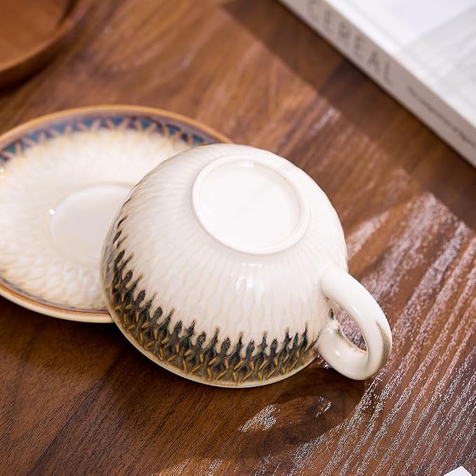 Coffeezone Vintage Design 12 oz Ceramic Latte Art Cappuccino Barista Cup with Saucer (Embossed Vintage) - Image 5