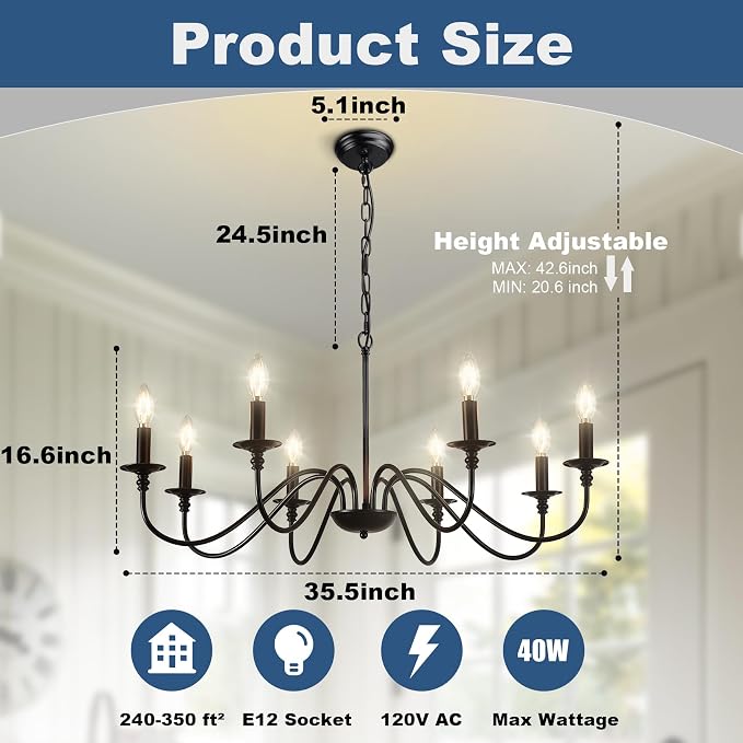 Depuley Black Chandelier Light Fixture: Vintage 8-Light Candle Chandeliers for Dining Room Lighting - Modern Hanging Pendant Lights Kitchen Island - Farmhouse Chandelier Chandeliers for Bedroom - Image 2