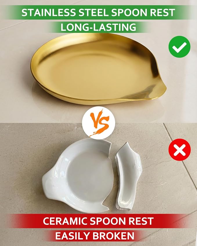 VanlonPro Stainless Steel Spoon Rest, Spatula Ladle Holder, Stainless Steel Utensil Spoon Rest Holder, Brushed Finish, Dishwasher Safe 5.9 x 5.1 Inch (Round Gold 1PC) - Image 7