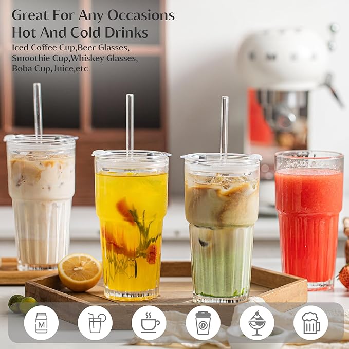INSETLAN 20oz Clear Glass Cups & Tumbler Set with Lids & Straws – 2-Pack, Reusable Drinking Cups for Iced Coffee, Smoothies, Tea, Juice, Leak-Proof, Spill-Proof, Ideal for Home and Outdoor Use
