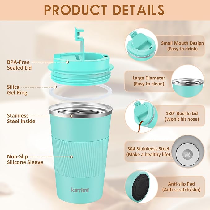 KETIEE Travel Mug 12oz: Vacuum Insulated Coffee Mug with Leakproof Lid, Travel Coffee Mug, Stainless Steel Double Walled Reusable Coffee Cup for Hot and Iced Coffee Tea Water (Blue) - Image 2