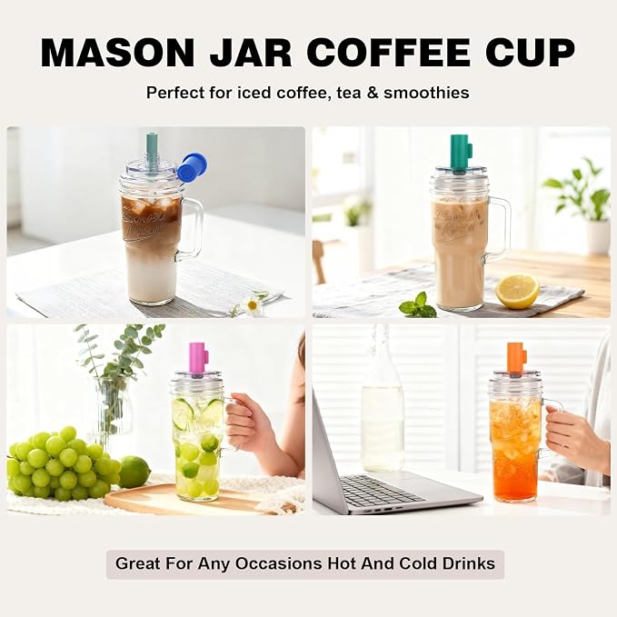 ANOTION Bamboo Mason Leakproof Mason Jar Cups with Lids and Straws, Cap Cup 24oz Glass Tumbler with Handle, Rotating Lid Silicone Straw, Reusable Iced Coffee Matcha Cup Coffee Gifts for Women 2pc - Image 3