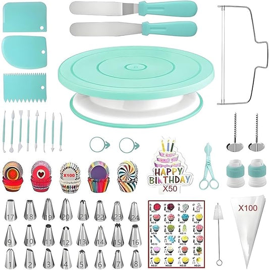 298 Pcs Cake Decorating Kit with Cake Turntable,Cake Leveler,24 Numbered Icing Tips,2 Spatulas,3 Comb Scrapers,8 Carved Pens,100 Pastry Bags,100 Paper Cupcake Liners, (Green)