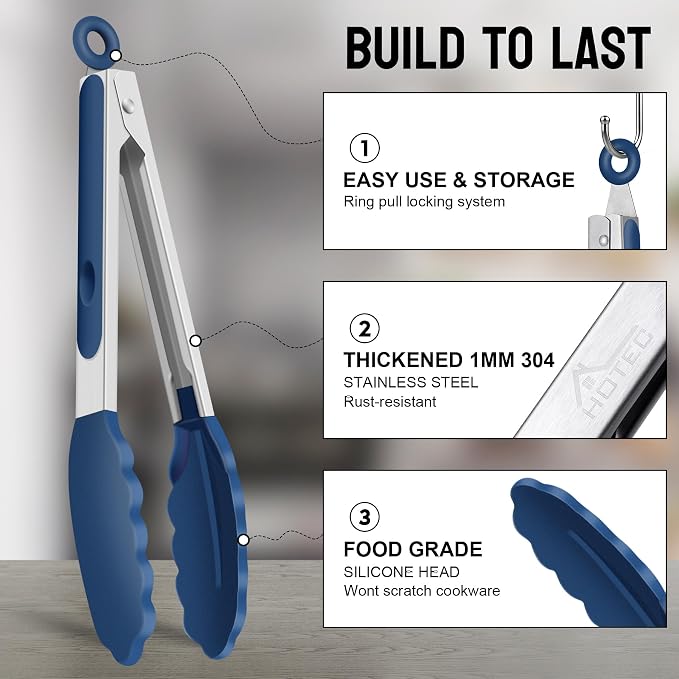 HOTEC Premium Stainless Steel Locking Kitchen Tongs with Silicon Tips, Set of 2-9" and 12", Classic Blue - Image 4