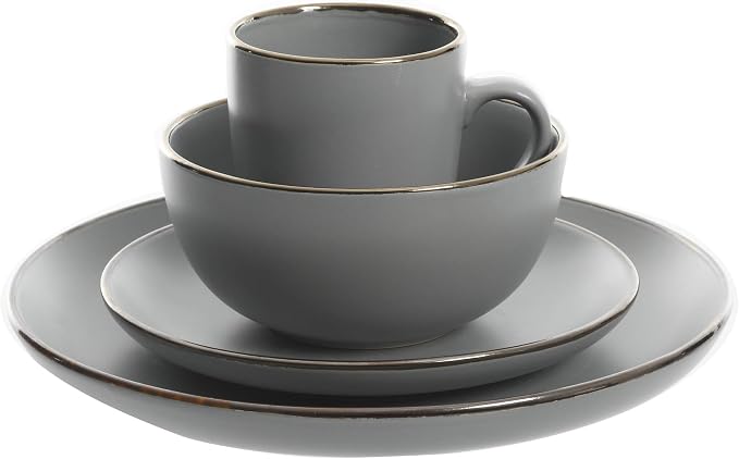 Gibson Home Rockaway 16-Piece Round Stoneware Dinnerware Set, Service for 4 – Grey with Gold Rim Plates and Bowls, Microwave & Dishwasher Safe - Image 3
