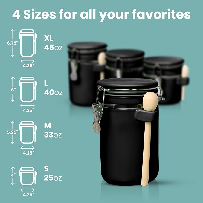 Home Intuition 4-Piece Ceramic Kitchen Canisters Set, Airtight Containers with Wooden Spoons Reusable Chalk Labels and Marker for Sugar, Coffee, Flour, Tea (Black) - Image 6