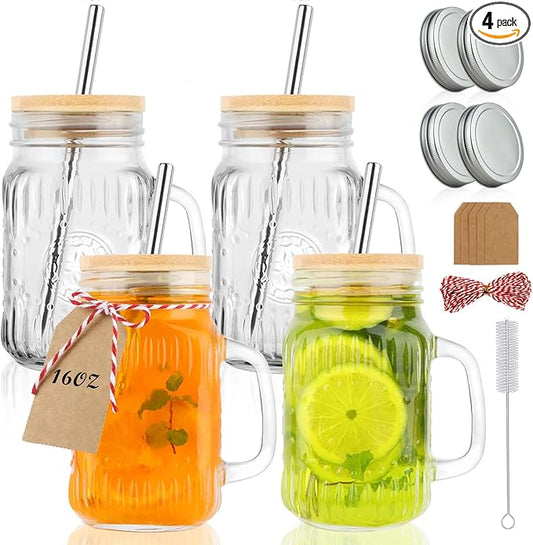 Magicsky Mason Jar Cups with Handles, Vintage 16 oz Glass Iced Coffee Cup with Bamboo Lids and Straws, Pint Drinking Jars Mug for Smoothie, Cold Drinks, Juice, Party Beverages, Set of 4