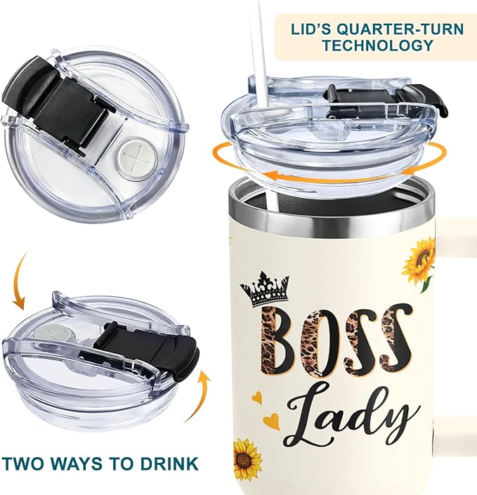 Boss Lady Tumbler 40oz with Handle - Sunflower Gifts for Women, Administrative Professional Day, Christmas - Thank You Gift for Manager
