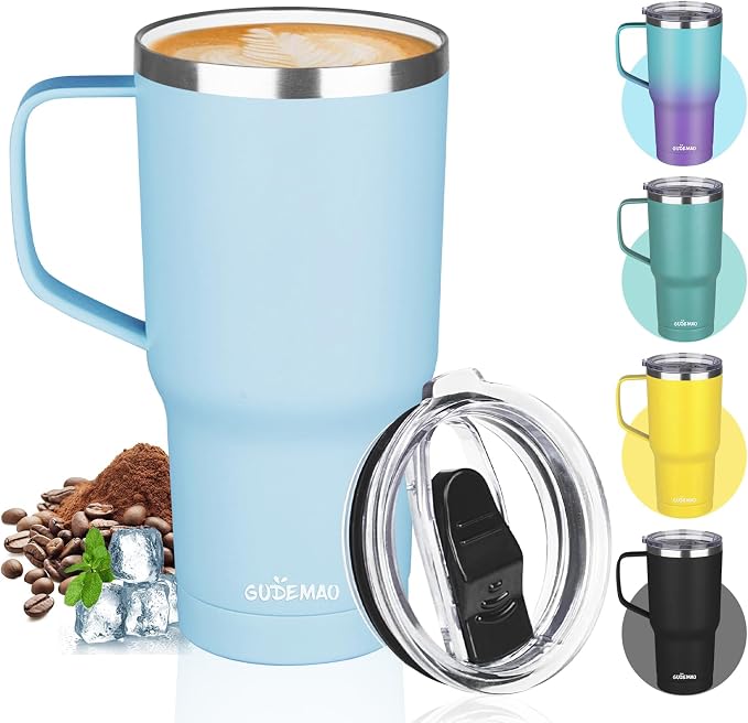 20 oz Insulated Coffee Mug with Ceramic Coating, Stainless Steel Travel Mug Tumbler with Handle Lid and Straw, Double Wall Leak-Proof Coffee Travel Mug Keeps Drink Hot and Cold (Sky Blue) by GUDEMAO