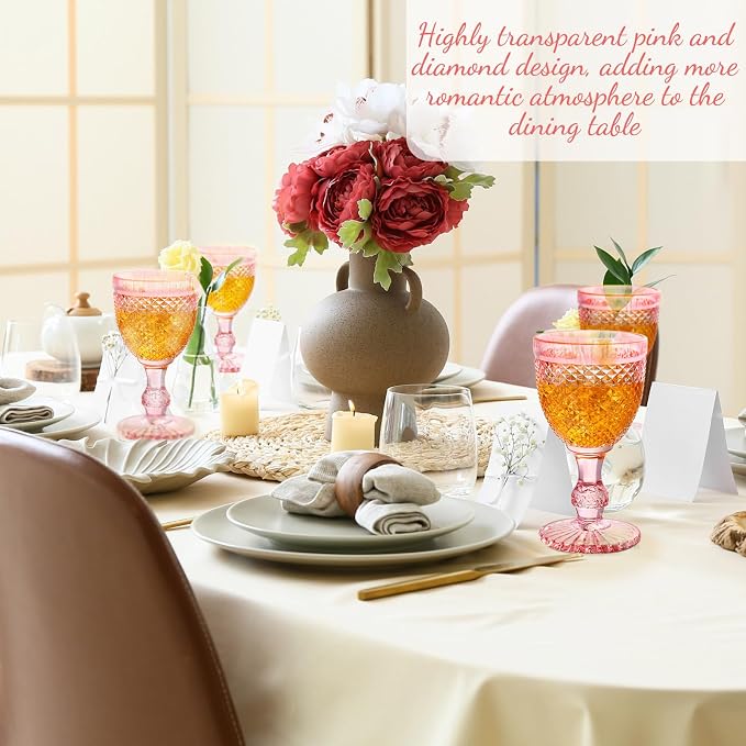 Bokon 12 Pack Pink Glass Goblets Set 10 oz High Clear Wine Glass Vintage Water Goblets Cups Embossed Diamond Design Glassware with Stem for Drinking Juice Liquor Party Wedding Bar - Image 6