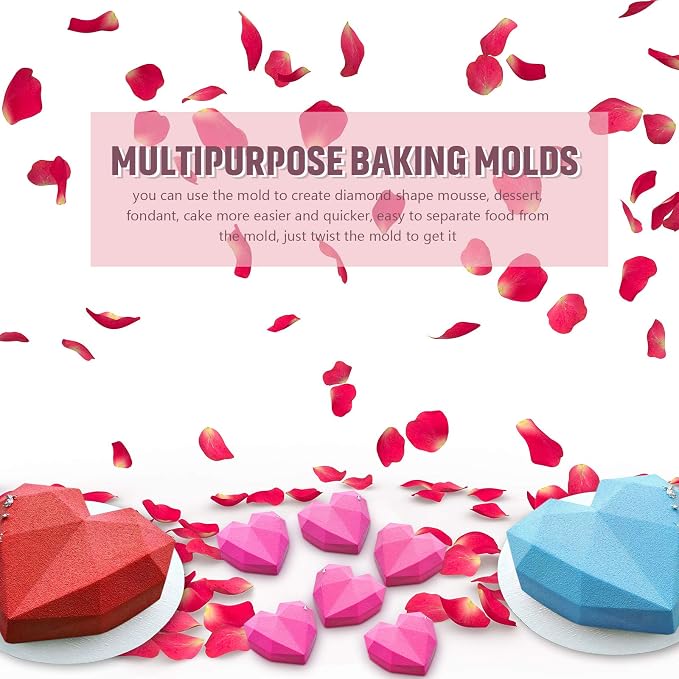 2 Pieces Valentine‘s Day Diamond Heart Mousse Cake Mold and 8 Cup Diamond Chocolate Silicone Dessert Mould Heart Geometric Baking Mold Non-stick Mould for Mousse, Chocolate, Browni (White) - Image 5