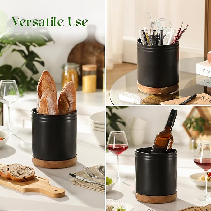 DOWAN 7.6" 360° Rotating Utensil Holder, Kitchen Utensil Holder for Countertop, Ceramic Utensil Crock, Large Cooking Utensil Caddy for Kitchen Counter, Protection Cork Bottom, Black - Image 7