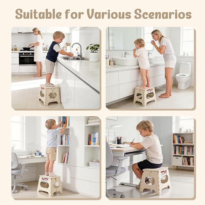 ACSTEP 11 Inch Folding Step Stool for Kids, Non-Slip Foldable Stools, Khaki | Heavy Duty Collapsible Foot Stool, Lightweight with Built-in Handle, Holds 300 lb for Adults Kitchen Bathroom Bedroom Outdoor - Image 2