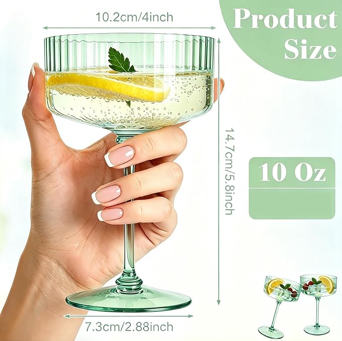 PLULON 12 Pcs Sage Green Coupe Martini Glasses Cocktail Champagne Cup 10 Oz | Ribbed Plastic Martini Espresso Glasses for Bar Drinking Gifts Wedding Birthday Party, Detachable Margarita Cup Glassware - Image 3