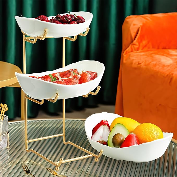 Ceramic Fruit Bowl for Kitchen Counter - 3 Tier Fruit Basket with Metal Stand, Tiered Fruit Stand for Countertop, Snack, Nuts, Cake, Dessert, Cute (Gold, Small) 1 - Image 6