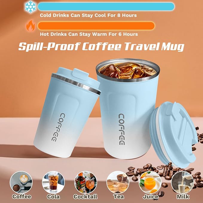 SPLMIFA Travel Coffee Mugs Leak-Proof, Reusable Coffee Cups with Lids, Stainless Steel Vacuum Insulated Coffee Tumblers, Thermal Insulation Cup for Men & Women Hot & Cold Drinks(2nd-Blue White, 12OZ) - Image 2